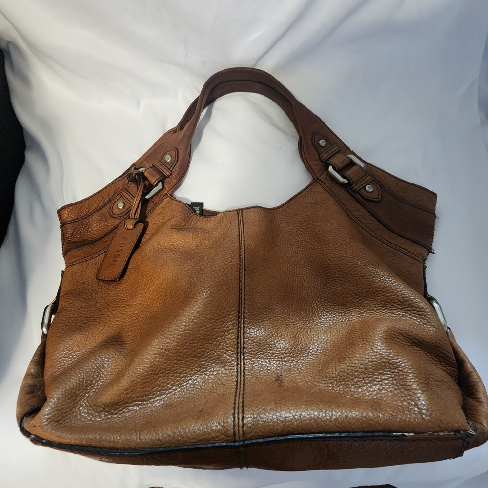 Fossil,‎ Large Brown Leather Satchel Shoulder Bag Hand Bag Purse Hobo